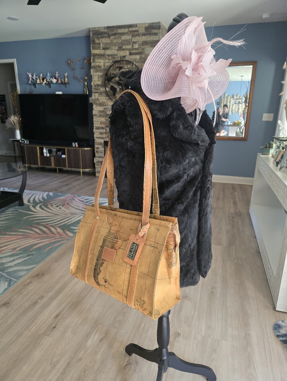 Authentic Alviero Martini Geo-Map Leather Trim Shoulder Bag in Tan and Brown